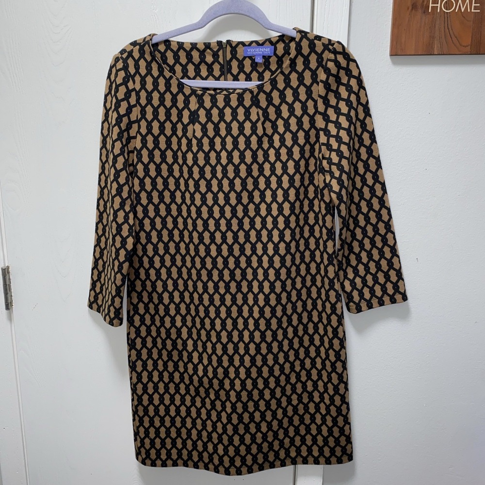 VIVIENNE TAM BROWN BLACK CHAIN LINK TRELLIS 3/4 SLEEVE SHIFT DRESS‎ SZ 6